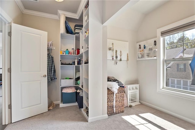 carpeted bedroom with ornamental molding and baseboards