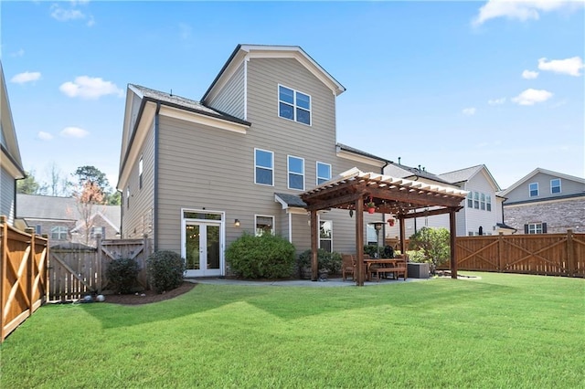 back of house with a pergola, french doors, a patio area, a gate, and central air condition unit