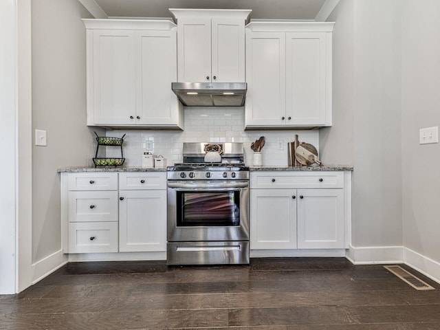 711 Carver Mill Rd, Talking Rock, GA 30175 - kitchen featuring gas range, under cabinet range hood, light stone counters, backsplash, and crown molding