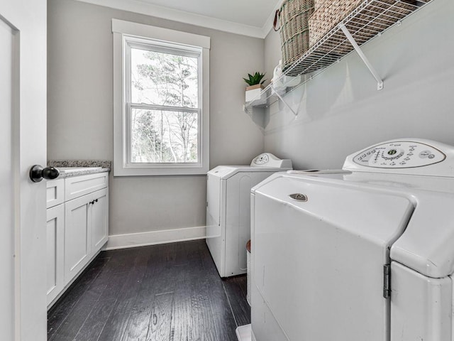 711 Carver Mill Rd, Talking Rock, GA 30175 - laundry room featuring independent washer and dryer, dark wood-style floors, cabinet space, and crown molding