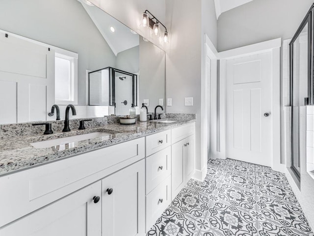 711 Carver Mill Rd, Talking Rock, GA 30175 - full bath with a stall shower, double vanity, and vaulted ceiling
