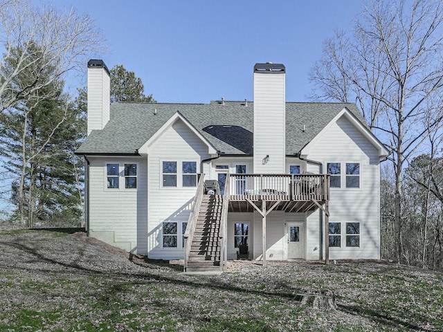 711 Carver Mill Rd, Talking Rock, GA 30175 - rear view of property with a chimney, a wooden deck, stairs, and roof with shingles