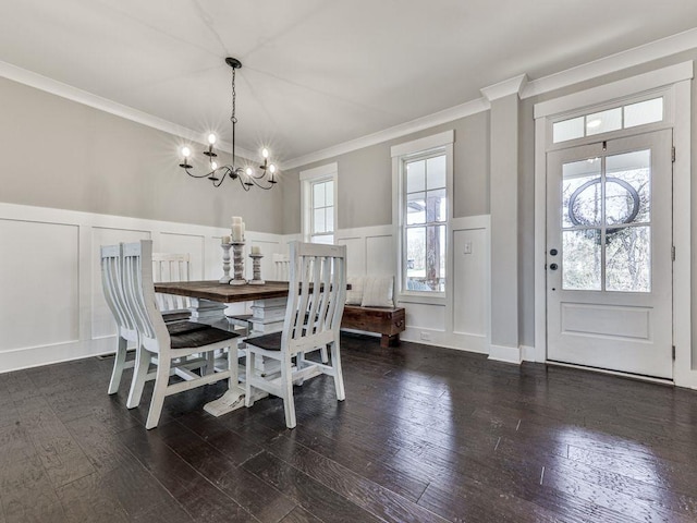 711 Carver Mill Rd, Talking Rock, GA 30175 - dining room with a chandelier, a decorative wall, ornamental molding, a wainscoted wall, and dark wood finished floors