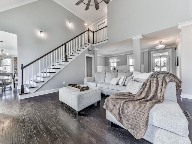 711 Carver Mill Rd, Talking Rock, GA 30175 - living area featuring high vaulted ceiling, stairway, a chandelier, wood-type flooring, and plenty of natural light