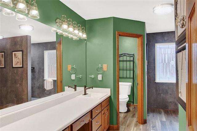 bathroom featuring toilet, wood finished floors, and vanity