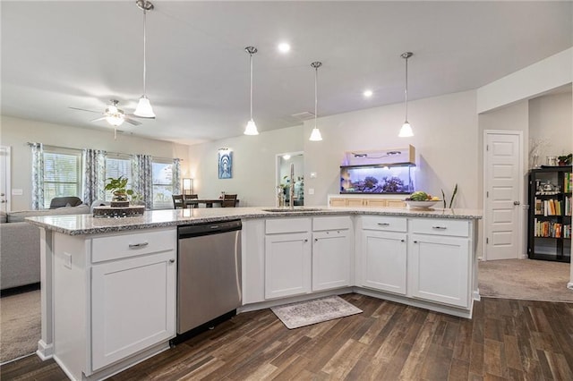 11 Rambling Oaks Dr NE, Rome, GA 30165 - kitchen featuring stainless steel dishwasher, open floor plan, dark wood-type flooring, light stone counters, and recessed lighting