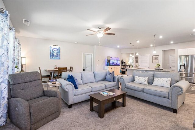 11 Rambling Oaks Dr NE, Rome, GA 30165 - living room featuring recessed lighting, light carpet, and ceiling fan