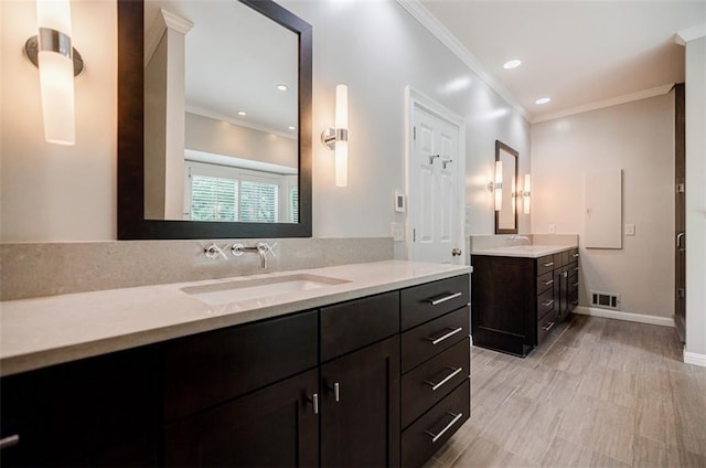 3030 Spalding Dr, Sandy Springs, GA 30350 - bathroom featuring two vanities, ornamental molding, and decorative backsplash