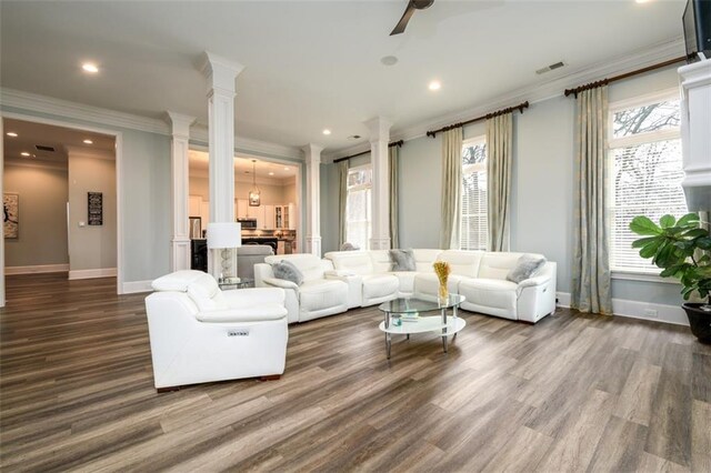 interior details with ornamental molding and wood-type flooring