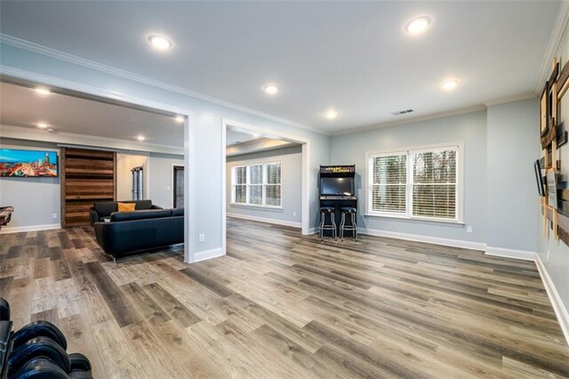 living room with french doors, billiards, hardwood / wood-style floors, and a tray ceiling