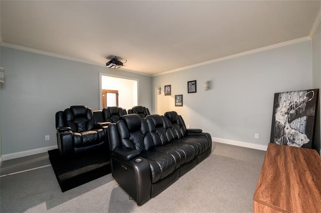 cinema with dark colored carpet and ornamental molding