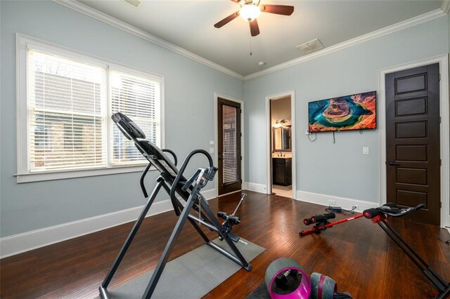 office area featuring crown molding, ceiling fan, and dark wood-type flooring