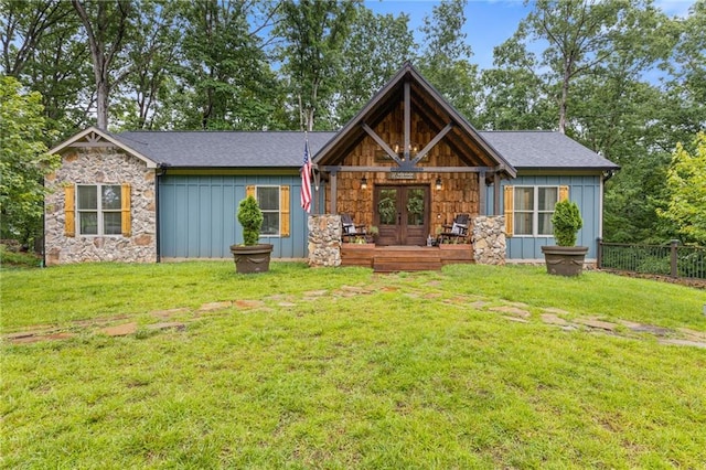 6224 Eagle Ct, Gainesville, GA 30506 - view of front of house with board and batten siding, stone siding, french doors, and roof with shingles