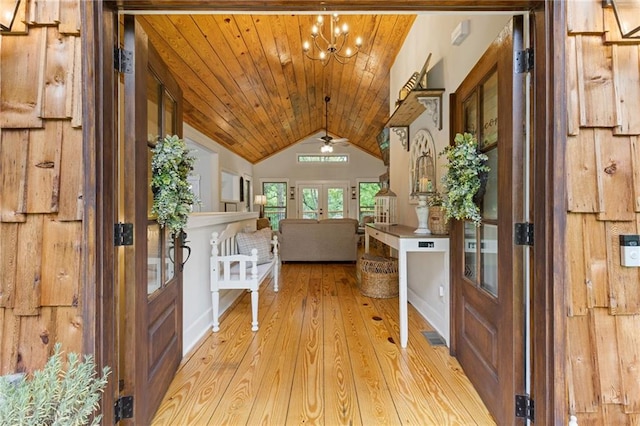 6224 Eagle Ct, Gainesville, GA 30506 - entrance foyer featuring lofted ceiling, wood ceiling, light wood-style flooring, a ceiling fan, and a chandelier