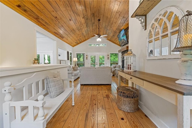 6224 Eagle Ct, Gainesville, GA 30506 - living area with ceiling fan, wood ceiling, hardwood / wood-style flooring, french doors, and high vaulted ceiling