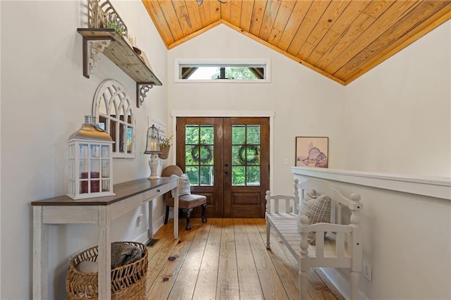 6224 Eagle Ct, Gainesville, GA 30506 - foyer with wood ceiling, french doors, hardwood / wood-style flooring, and high vaulted ceiling