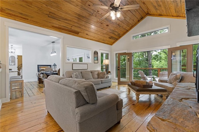 6224 Eagle Ct, Gainesville, GA 30506 - living room featuring wood ceiling, light wood-style floors, healthy amount of natural light, high vaulted ceiling, and a ceiling fan