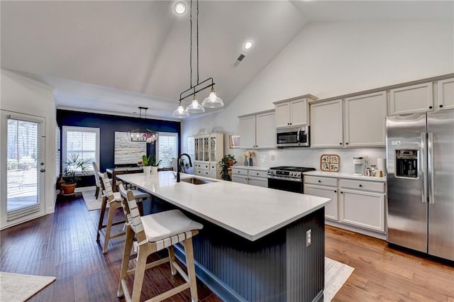 kitchen with stainless steel appliances, wood finished floors, a sink, and light countertops