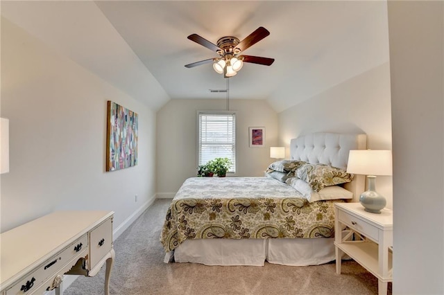 bedroom with baseboards, visible vents, a ceiling fan, lofted ceiling, and carpet flooring