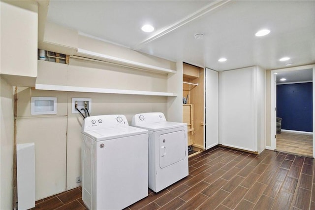 108 Buena St, Bremen, GA 30110 - laundry room with dark wood-type flooring, washer and clothes dryer, and recessed lighting