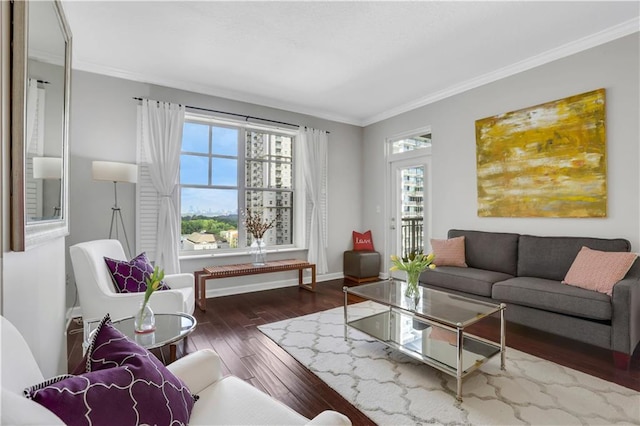 living room featuring ornamental molding and dark hardwood / wood-style flooring