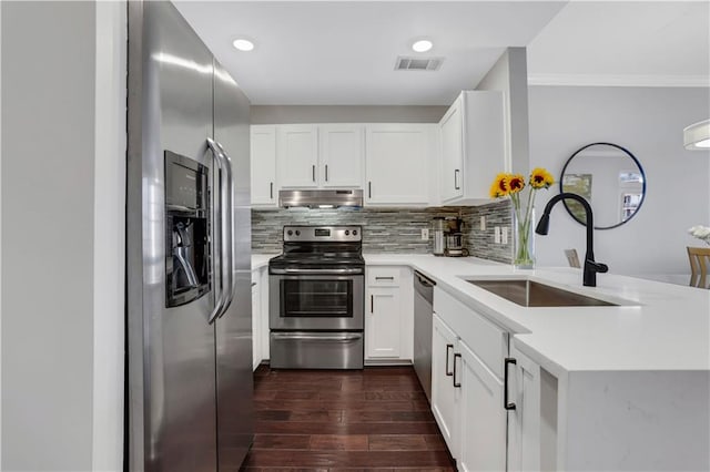 kitchen featuring sink, white cabinetry, decorative backsplash, stainless steel appliances, and dark hardwood / wood-style flooring