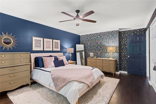 261 Lamplighter Ln SE, Marietta, GA 30067 - bedroom featuring ornamental molding, wood-type flooring, wallpapered walls, and ceiling fan