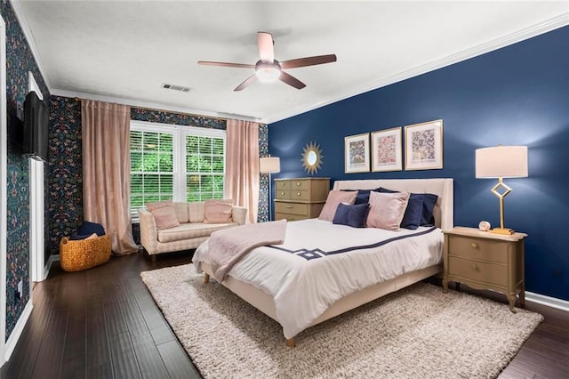 261 Lamplighter Ln SE, Marietta, GA 30067 - bedroom featuring ornamental molding, wood-type flooring, a ceiling fan, and wallpapered walls