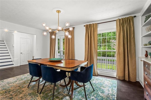 261 Lamplighter Ln SE, Marietta, GA 30067 - dining room with stairs, dark wood-style flooring, healthy amount of natural light, crown molding, and a textured ceiling