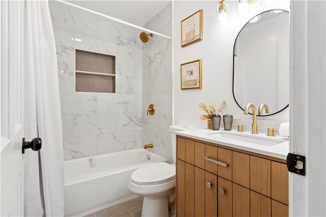 full bathroom with tile patterned flooring, vanity, shower / bath combination with curtain, and toilet