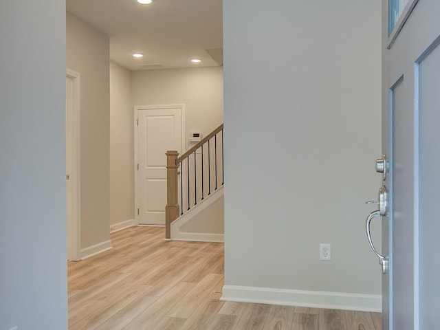1976 Deco Dr, Kennesaw, GA 30144 - foyer entrance featuring light wood-type flooring, recessed lighting, stairs, and baseboards