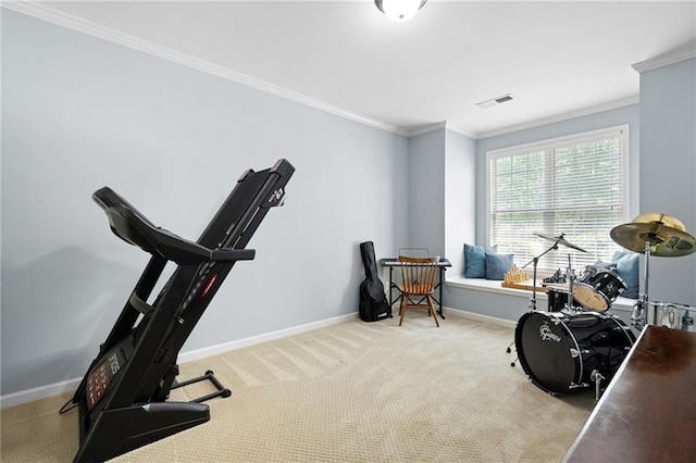 exercise room featuring light colored carpet and crown molding