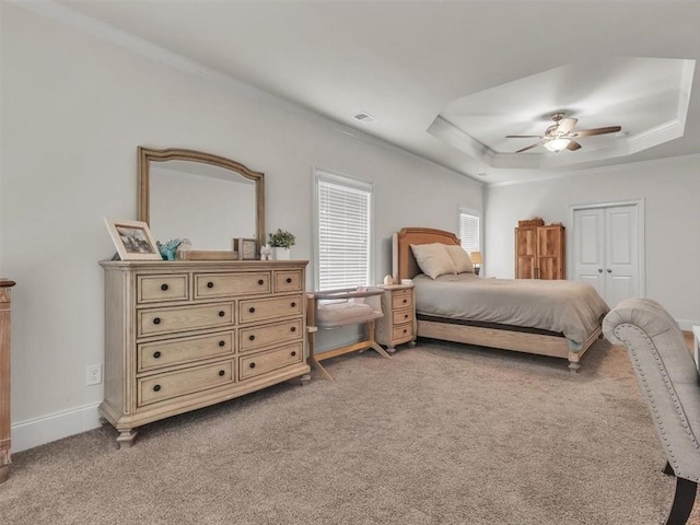 105 Lighthouse Cv SW, Adairsville, GA 30103 - bedroom with ornamental molding, light carpet, a tray ceiling, ceiling fan, and a closet