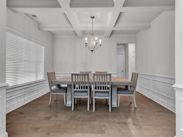 105 Lighthouse Cv SW, Adairsville, GA 30103 - dining area featuring a chandelier, beamed ceiling, coffered ceiling, wood finished floors, and wainscoting