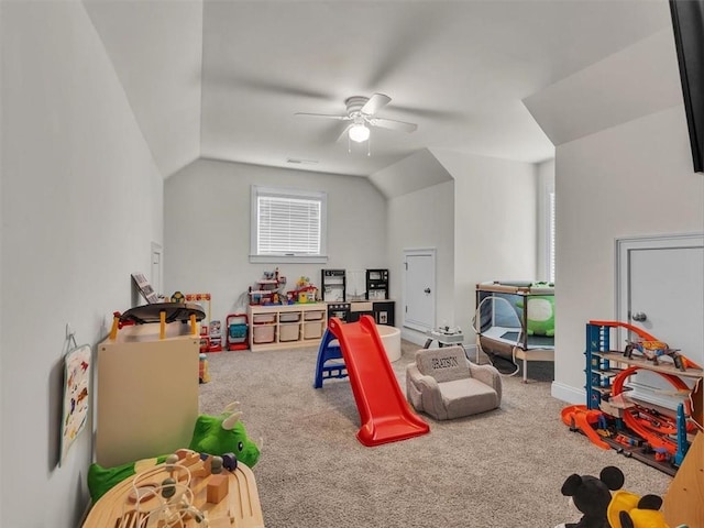 105 Lighthouse Cv SW, Adairsville, GA 30103 - recreation room featuring a ceiling fan, carpet, and vaulted ceiling