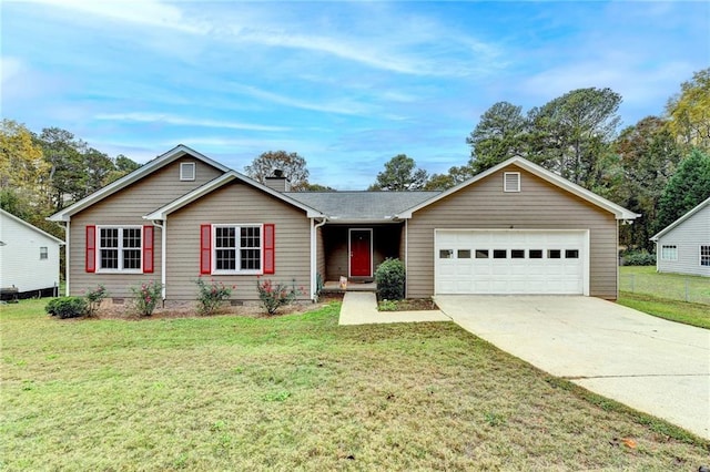 single story home with a garage and a front yard