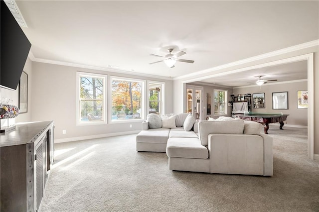 living room with ceiling fan, light colored carpet, pool table, and ornamental molding