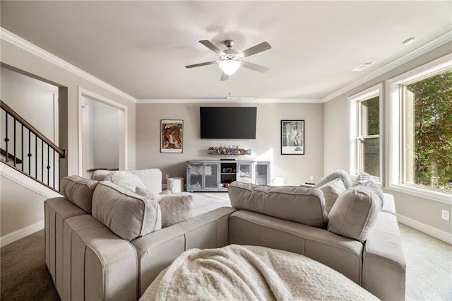 living room with ceiling fan, carpet, and ornamental molding