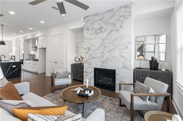 living room with sink, dark wood-type flooring, a fireplace, and a wealth of natural light