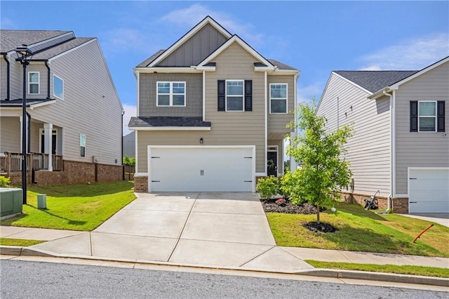 36 Mead Ct, Hoschton, GA 30548 - craftsman-style house with board and batten siding, an attached garage, concrete driveway, and brick siding
