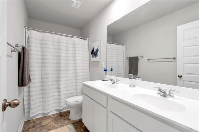 36 Mead Ct, Hoschton, GA 30548 - full bathroom featuring double vanity, stone finish flooring, and a shower with shower curtain