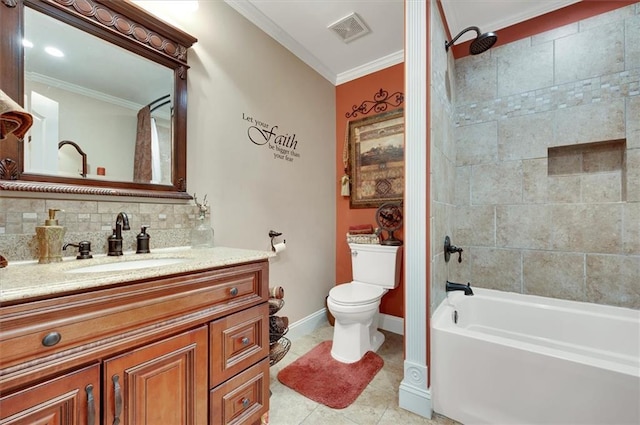 full bath featuring ornamental molding, shower / bath combination, backsplash, toilet, and visible vents