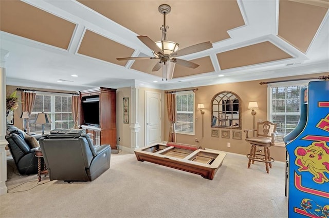 living area featuring baseboards, recessed lighting, coffered ceiling, carpet, and ceiling fan