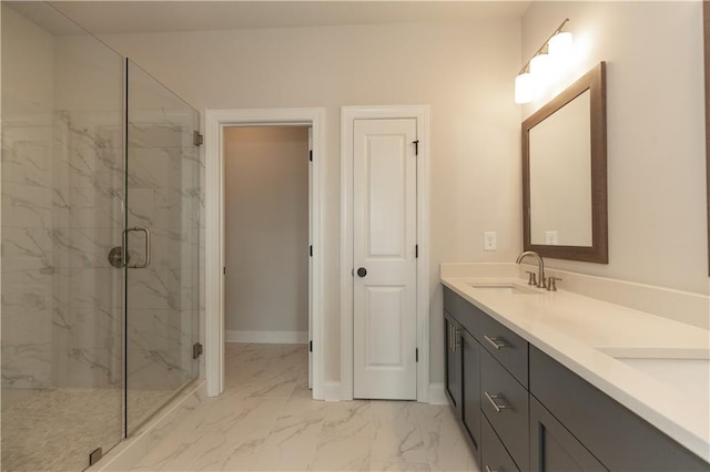 bathroom featuring tile patterned floors, walk in shower, and double vanity