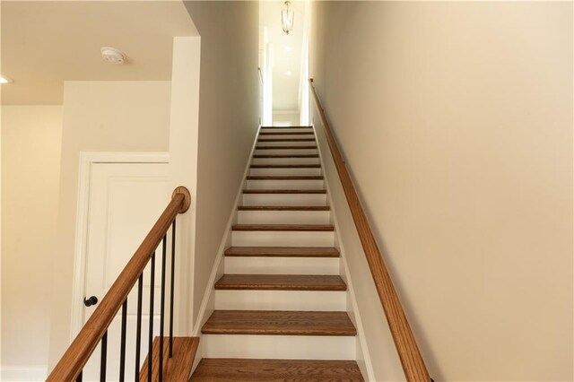 stairs featuring hardwood / wood-style flooring