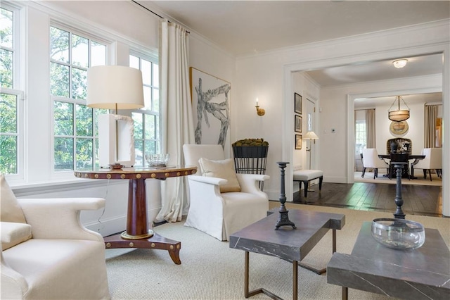 living area with hardwood / wood-style flooring and ornamental molding