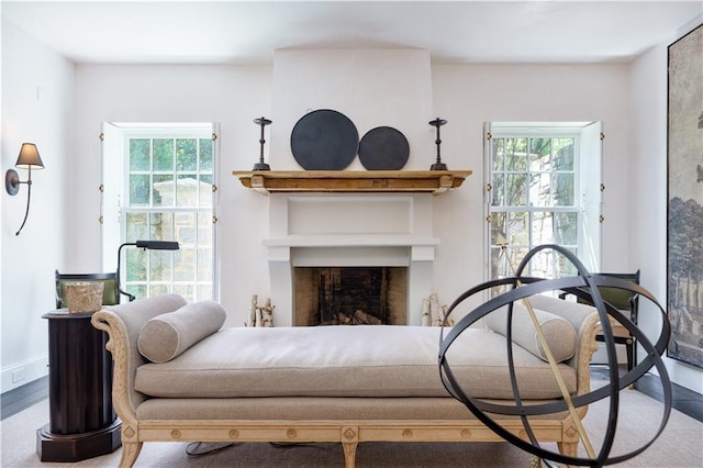 bedroom with baseboards, multiple windows, wood finished floors, and a fireplace