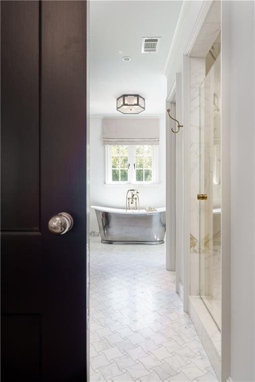 bathroom featuring visible vents, a stall shower, and a freestanding bath