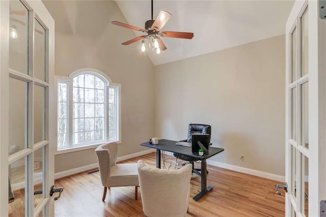 3000 The Springs Dr, Monroe, GA 30656 - office with light wood-style floors, ceiling fan, french doors, and high vaulted ceiling