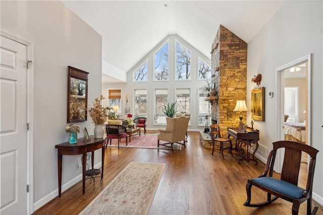 living area with wood-type flooring and high vaulted ceiling